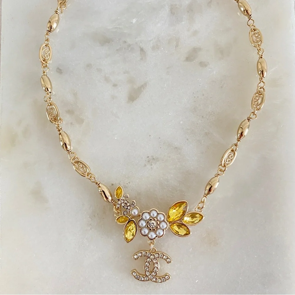 Gold CC Floral crystal pearl Necklace